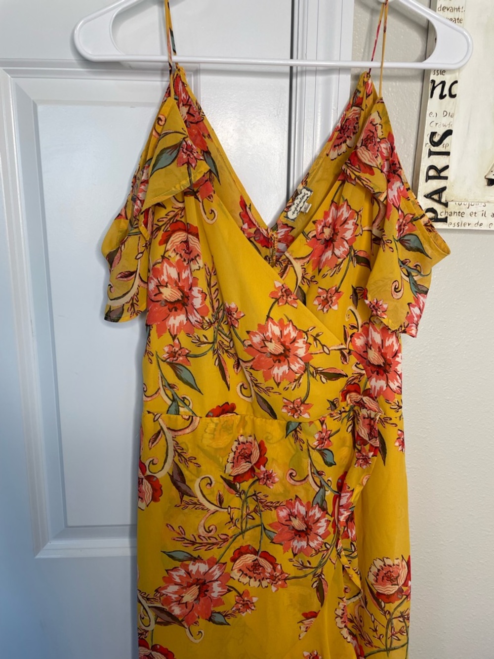 Eyeshadow Yellow Floral Wrap Midi Dress Cold Shoulder Ruffle Boho Cottagecore L - Picture 2 of 7